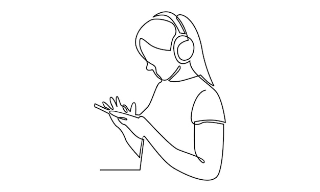 Continuous line of woman wearing headphone illustration