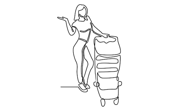 Continuous line of woman with trolley illustration