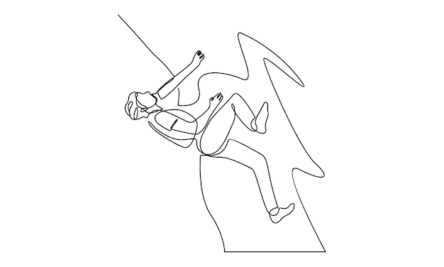 Continuous line of young active man climbing on cliff mountain