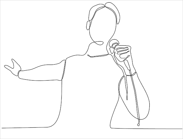 continuous line young male singer holding microphone and singing premium vector