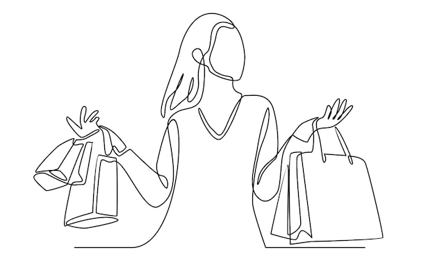 continuous line of young woman holding paper bags