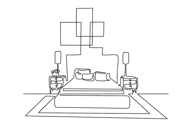 Continuous linear pattern of a double bed with bedside tables Modern loftstyle bedroom furniture in a minimalist oneline style vector illustration in the style of doodles