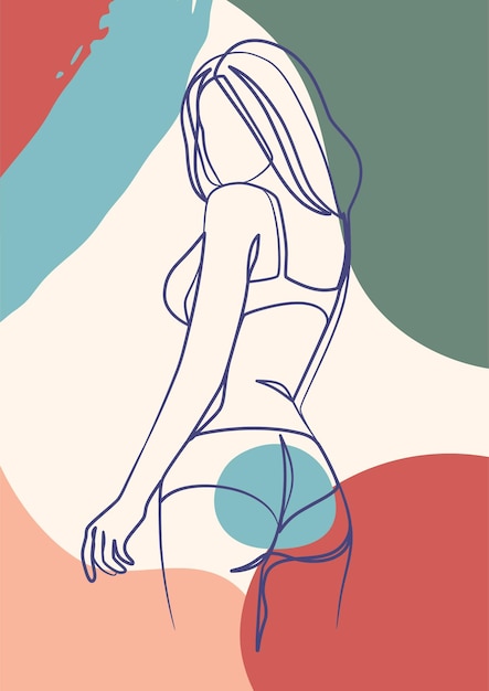 Continuous one line art poster of woman body in bikini. Young girl beauty minimalist.