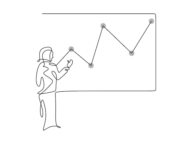 Continuous one line of business woman doing presentation One line of woman presenting economic graphic