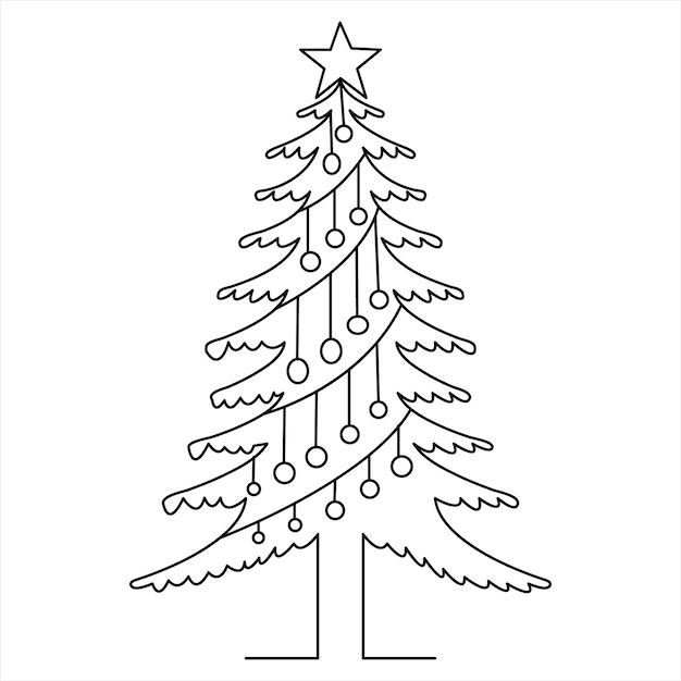 Continuous one line cute Christmas tree and star hand drawn outline vector doodle minimalist design