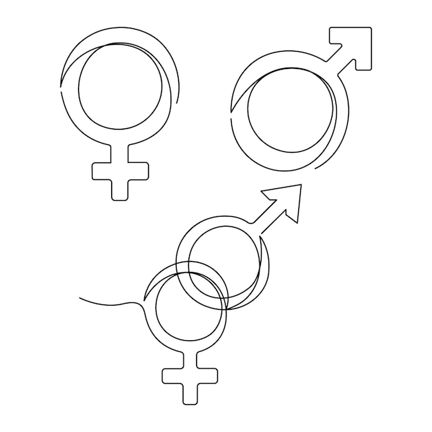 Continuous one line drawing art of male and female gender symbol vector illustration