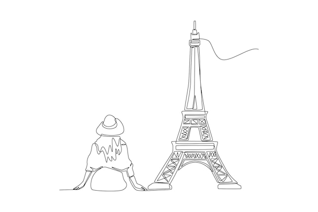 Continuous one line drawing Back view female tourist sitting in front of the Eiffel tower in Paris Landmark concept Single line draw design vector graphic illustration