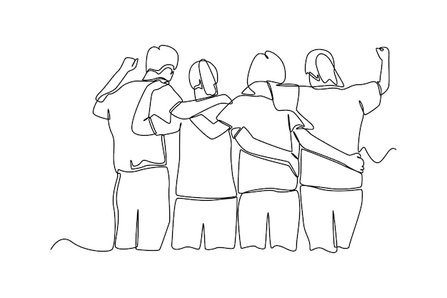 Continuous one line drawing Back view group of men and woman standing and hugging together to show their unity bonding Team work concept Single line draw design vector graphic illustration