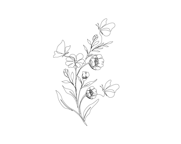 Vector continuous one line drawing of beautiful flower with butterfly