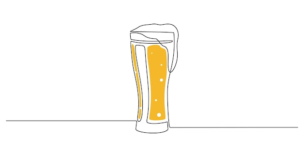 Continuous one line drawing of beer glass with foam Craft drink alcohol ale in simple linear style for tavern bar and pub concept for menu Oktoberfest equipment Doodle Vector illustration