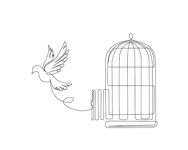 Vector continuous one line drawing of bird flying out from birdcage