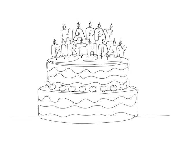 Continuous one line drawing of birthday cake Birthday cake with candles outline vector illustration