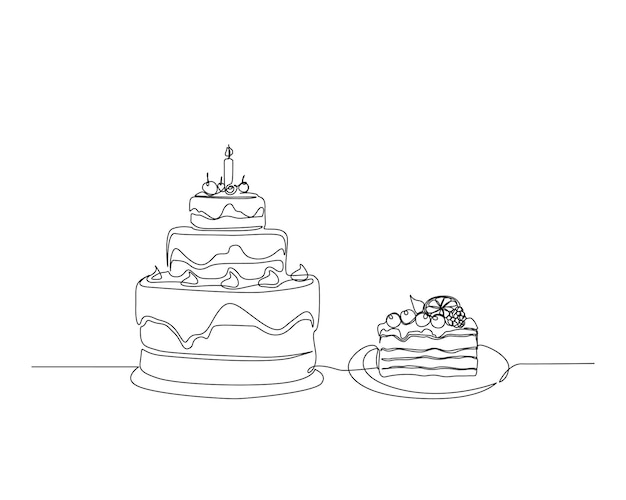 Continuous one line drawing of birthday cake Sweat cake with candles outline vector illustration