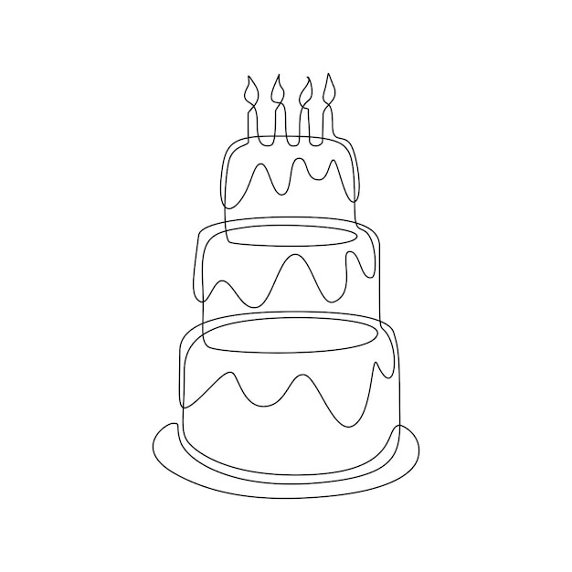 Continuous one line drawing of birthday cake with candles Icon and symbol of sweet celebration torte and pie with sugar cream in simple linear style Editable stroke Doodle vector illustration