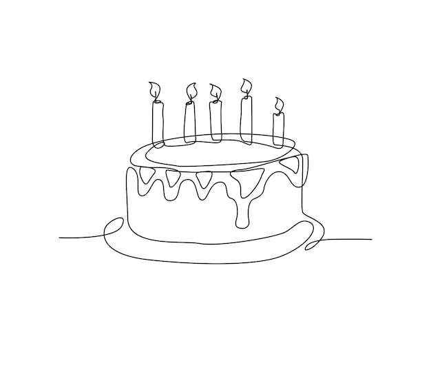 Continuous one line drawing of birthday cake with candles Party anniversary and celebration concept Minimalism Hand drawn vector illustration