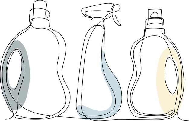 Continuous one line drawing of bottles for liquid laundry detergent, bleach, fabric softener, dishwa