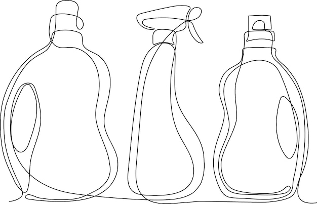 Continuous one line drawing of bottles for liquid laundry detergent, bleach, fabric softener, dishwa