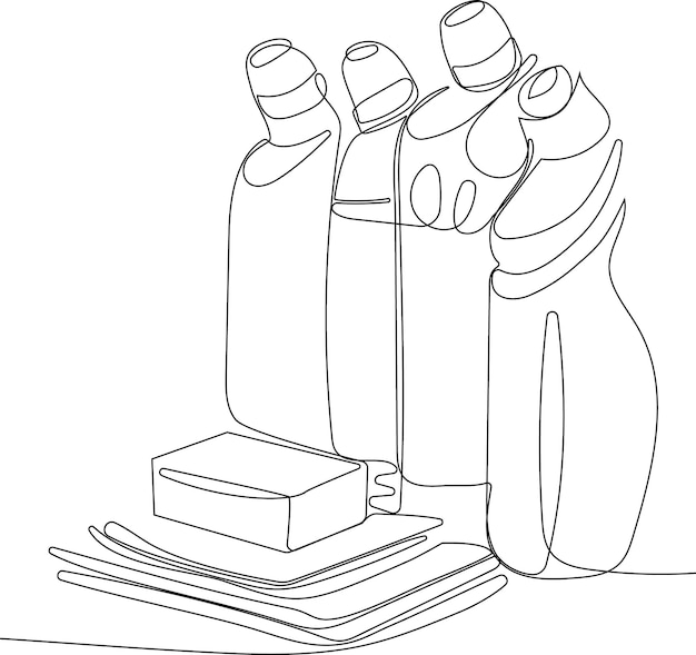 Continuous one line drawing of bottles for liquid laundry detergent, bleach, fabric softener