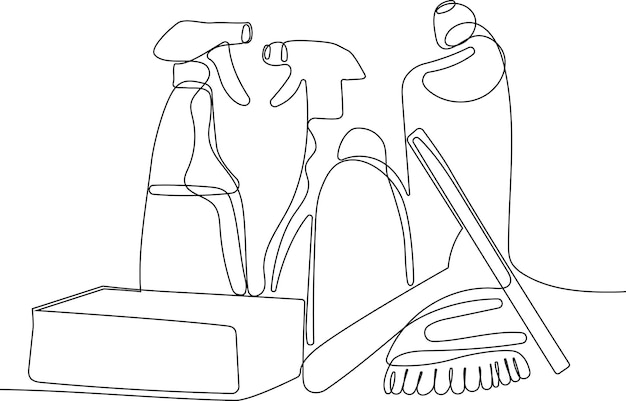 Continuous one line drawing of bottles for liquid laundry detergent, bleach, fabric softener