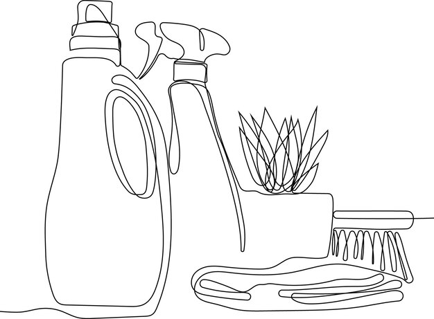 Vector continuous one line drawing of bottles for liquid laundry detergent, bleach, fabric softener