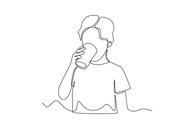 Continuous one line drawing boy drinking water Healthcare at home concept Single line draw design vector graphic illustration