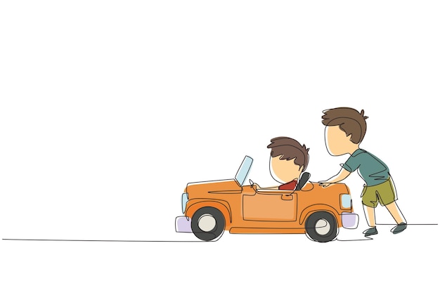 Continuous one line drawing a boy is pushing his friend39s car in the road Kids play with big toy car together Sibling having fun with at backyard Single line draw design vector graphic illustration