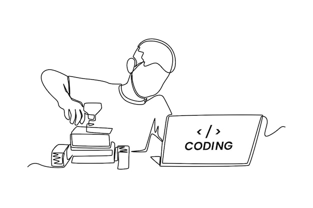 Continuous one line drawing boy kid programmer makes programming language code in front of the laptop Programming code concept Single line draw design vector graphic illustration