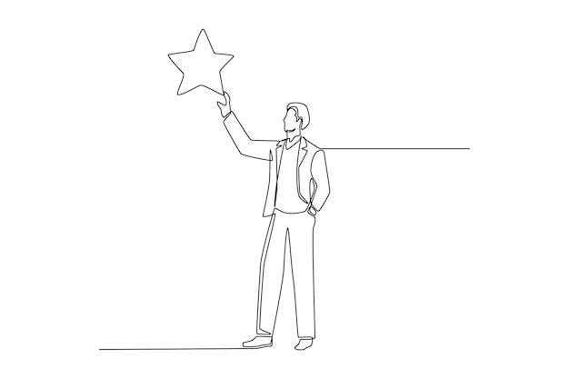 Continuous one line drawing businessman rising up hand reaching grab precious star Career path or dream job concept Single line draw design vector graphic illustration