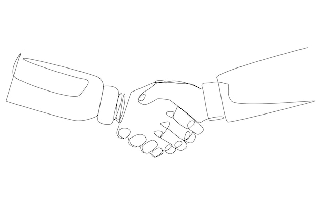 Continuous one line drawing of businessman and robot shaking hand