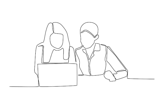 Continuous one line drawing businesswoman sitting and consulting with young professional man at office Business consulting concept Single line draw design vector graphic illustration