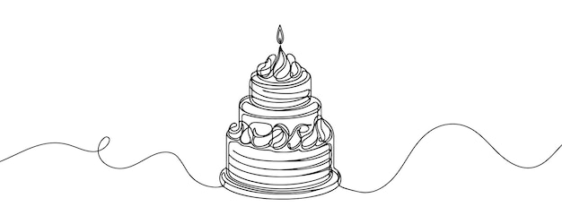 Continuous one line drawing of a cake decorated with cream Vector graphic illustration of a single line drawing large cake with candles in one line