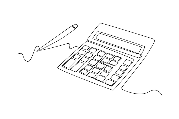 Continuous one line drawing calculator with pen Budget planning concept Single line draw design vector graphic illustration