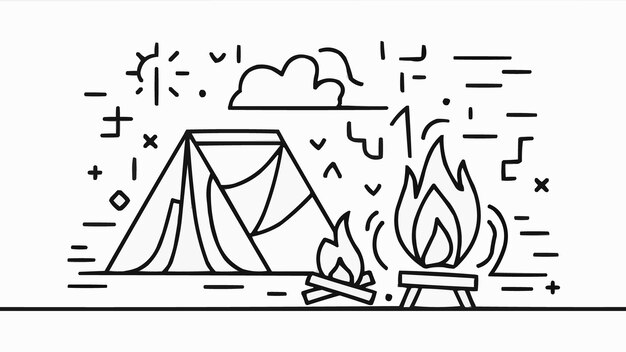 Vector continuous one line drawing of camping tent and bonfire bonfire and pot single line art vector illu