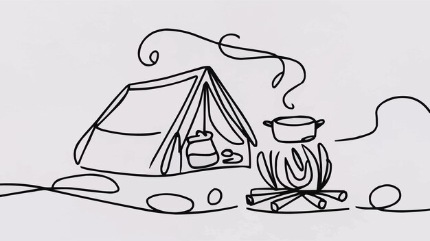 Vector continuous one line drawing of camping tent and bonfire bonfire and pot single line art vector illu