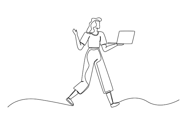 Continuous one line drawing a career woman standing and hold with laptop Single line draw design vector graphic illustration