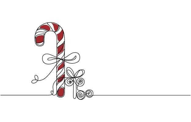 Continuous one line drawing of Christmas candy Christmas red candy cane isolated