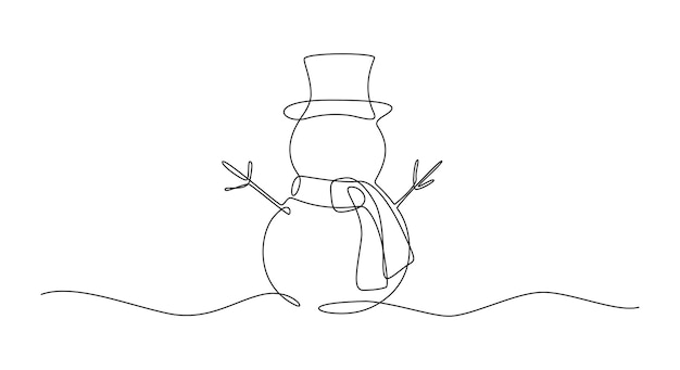 Vector continuous one line drawing of christmas snowman in hat with scarf cute winter character in doodle