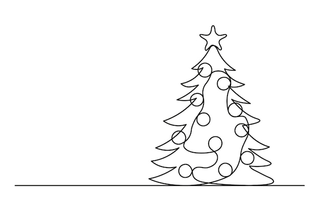 Continuous one line drawing of a Christmas tree with balls isolated on white background