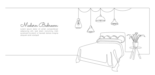 Continuous one line drawing of double bed and table and loft chandelier lamps Modern scandinavian interior and cozy decor bedroom in simple linear style Editable stroke Doodle vector illustration