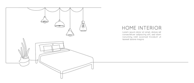 Continuous one line drawing of double bed and table with potted flor plant and hanging loft lamps Scandinavian home furniture for sleep bedroom in simple linear style Vector illustration