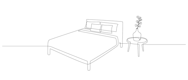 Continuous one line drawing of double bed and table with vase with monstera leaf Scandinavian stylish furniture for sleep bedroom in simple Linear style Editable stroke Doodle vector illustration