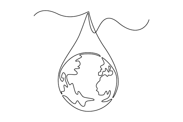 Continuous one line drawing earth in water droplets World water day concept Single line draw design vector graphic illustration