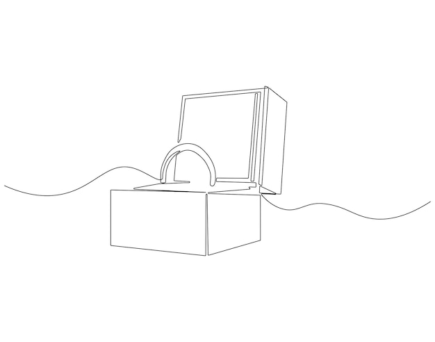 Continuous one line drawing of engagement ring in a box One line drawing illustration of ring boxes