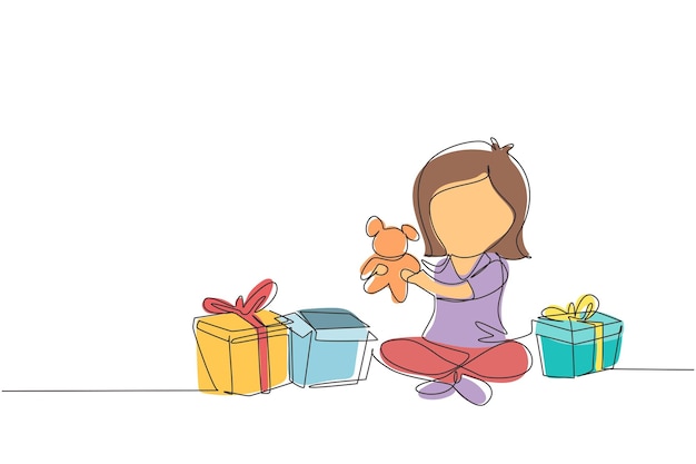 Continuous one line drawing excited little girl kid opening wrapped gift box decorated with ribbon bow Happy cute little kid girl receive teddy bear gift from birthday Single line draw design vector