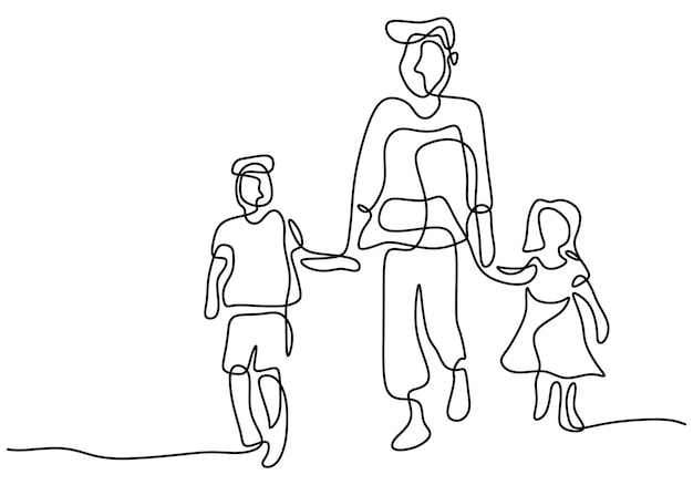 Continuous one line drawing of father and his two children of son and daughter Young daddy walk together with his children Happy Father's Day theme isolated on white background Vector illustration