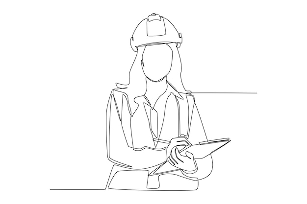 Continuous one line drawing female construction engineer in safety helmet happy to write report Modern woman concept Single line draw design vector graphic illustration