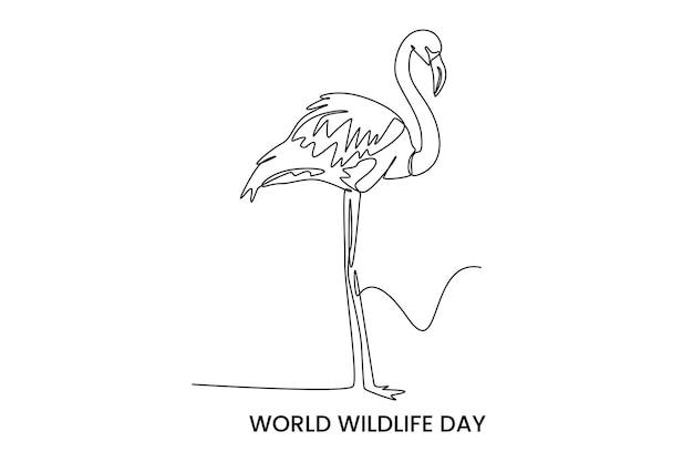 Continuous one line drawing flamingo World wildlife day concept Single line draw design vector graphic illustration