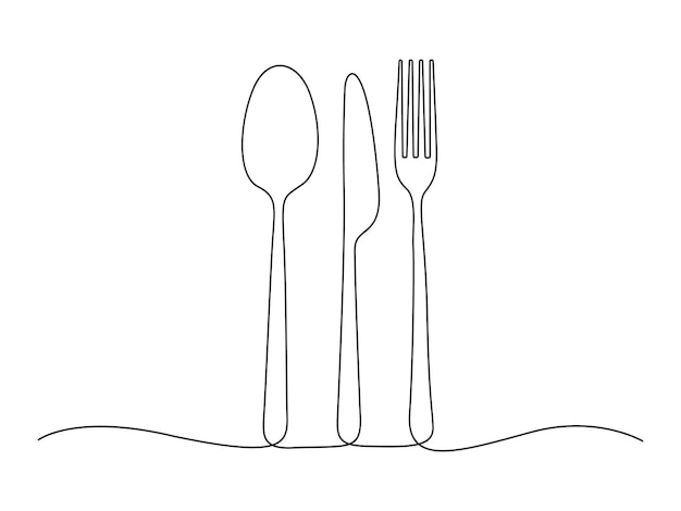 Continuous one line drawing of fork knife and plate white background vector illustration