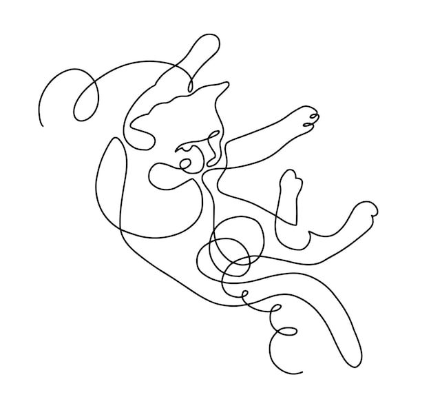 Continuous one line drawing funny cat lies on the floor