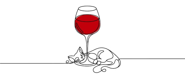 Continuous one line drawing glass of red wine and cat Vector illustration